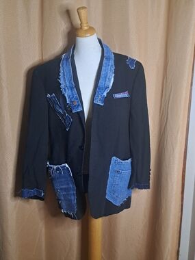 Upcycled Wool Prewashed Black Blazer with Denim Patchwork - XL